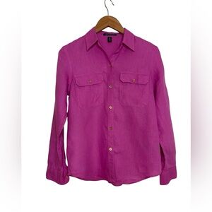 Lauren Ralph Lauren Fuschia Pink Linen Preppy Button Down Shirt Small Petite